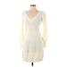 Shein Casual Dress - Sweater Dress V Neck 3/4 sleeves: Ivory Print Dresses - Women's Size Small