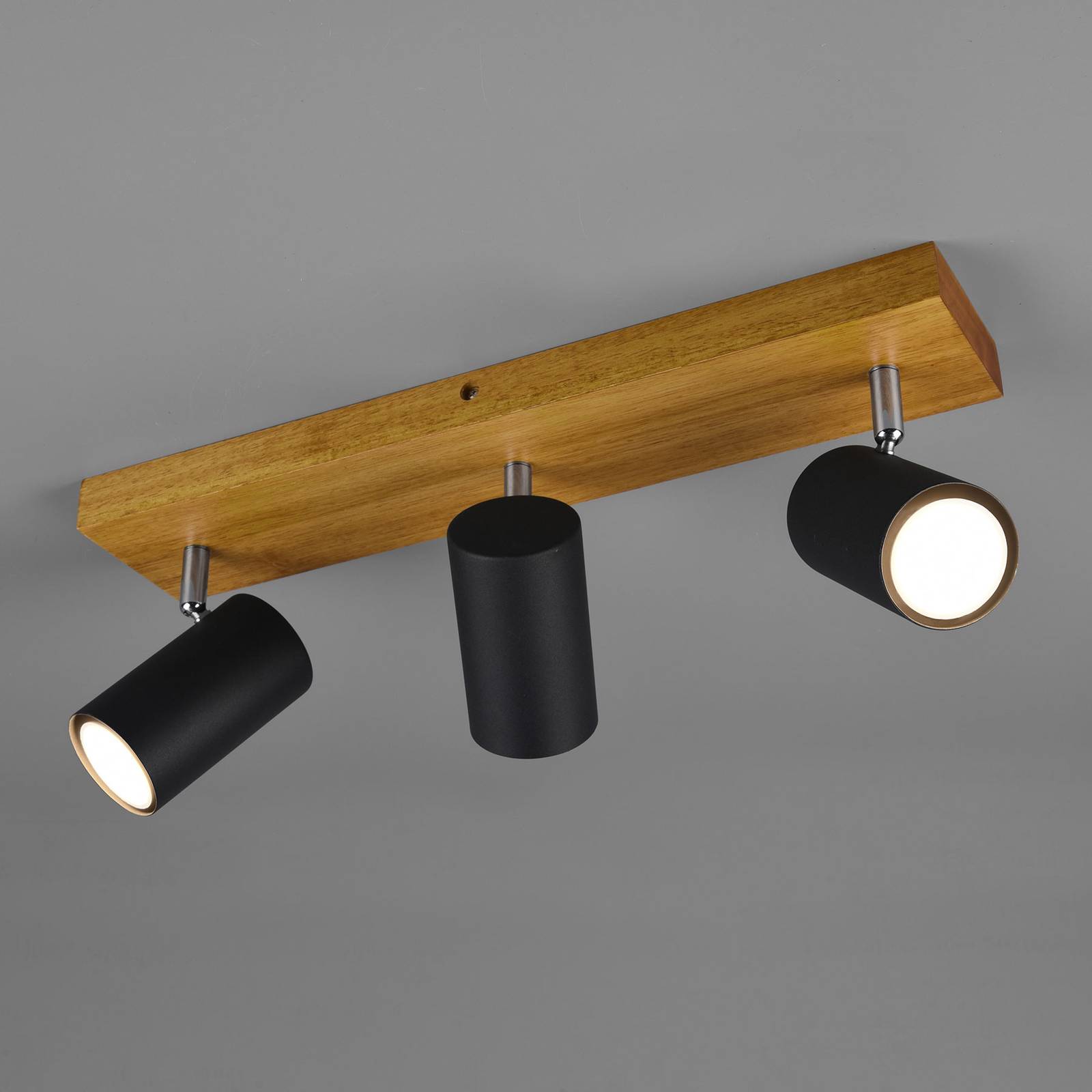 Trio Lighting Deckenstrahler Marley, schwarz matt, 3-flammig dimmbar, Holz hell, für Wohn- / Esszimmer, Metall, Modern, Strahler