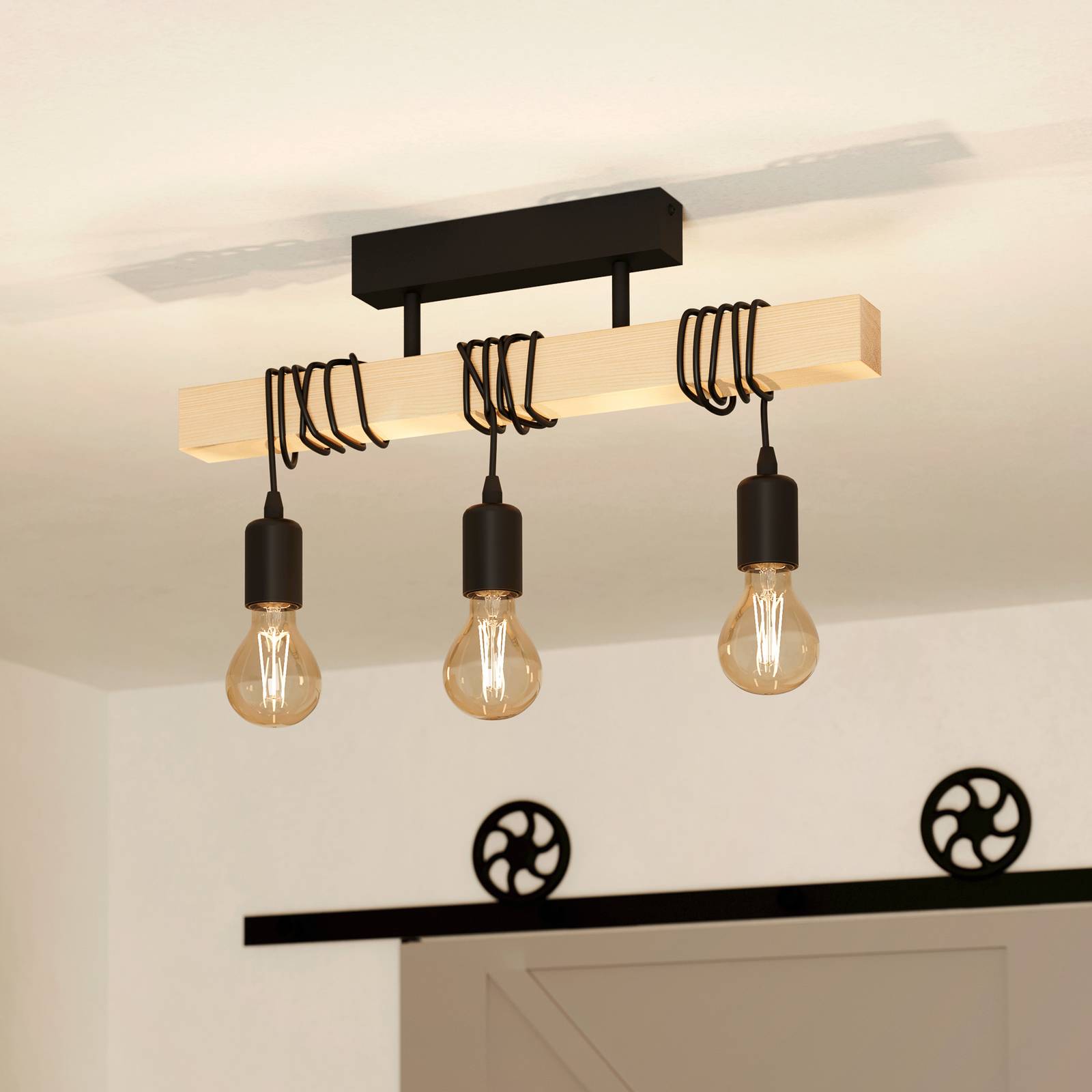 EGLO Deckenlampe Townshend, dimmbar, Holz hell, für Wohn- / Esszimmer, Holz, Vintage, Deckenlampe