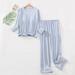 Wyongtao Women s Fleece Pajamas Sets Long Sleeve Soft Sleepwear with Built in Padded Bra Joggers Pants 2 Piece Pjs Loung Set Light Blue XL