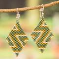 'Chevron-Patterned Green Glass Beaded Dangle Earrings'