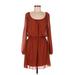 Speechless Casual Dress - Mini Scoop Neck Long sleeves: Brown Print Dresses - Women's Size Medium