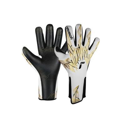 Torwarthandschuhe REUSCH "Pure Contact GluePrint Strapless", Damen, Gr. 8, gold (weiß, goldfarben), 72% Elastodien, 23% Polyester, 5% Polyamid, mehrfarbig, sportlich, Handschuhe, mit Negative Cut