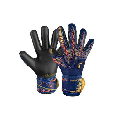 Torwarthandschuhe REUSCH "Attrakt Gold X", Damen, Gr. 9,5, bunt (goldfarben, blau), 53% Elastodien, 33% Polyester, 3% Polyurethan, 1% Baumwolle, mehrfarbig, sportlich, Handschuhe, mit Evolution Negative Cut