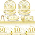 Fournitures de table de fête joyeux 50e anniversaire thème blanc et or serviettes minérales