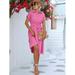 Women s Boho Mini Dress Short Sleeve V-Neck Tunic Dress (M Pink)