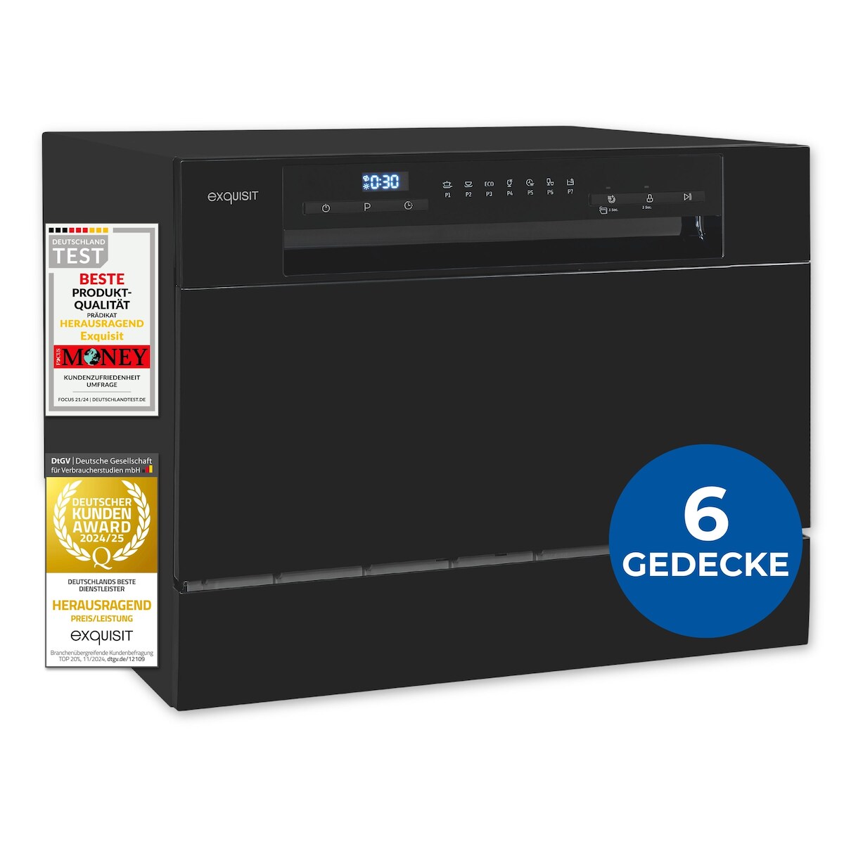 Exquisit Mini-Geschirrspüler, Tischspülmaschine, 55 cm breit, spülmaschine klein, Auto Türöffner, ECO-Modus, GSP5206-030D schwarz Image