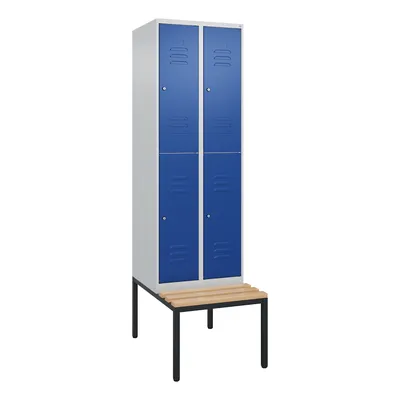 C+P Spind Classic PLUS, Buche untergebaute Sitzbank-Harthol, 4 Abteile, HxBxT 212x60x82cm, Zylinderschloss, Hellgrau/Enzianblau von PROREGAL Image