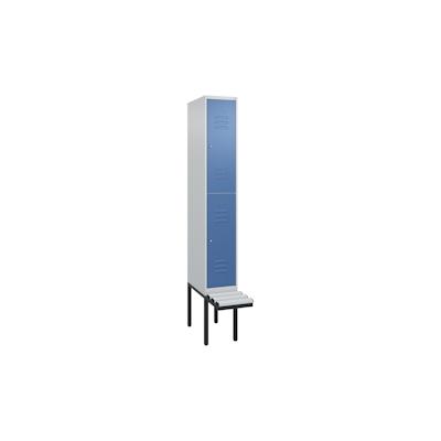 C+P Spind Classic PLUS, Kunststoff schwebende Sitzbank, 2 Abteile, HxBxT 212x30x82cm, Zylinderschloss, Hellgrau/Fernblau von PROREGAL Image