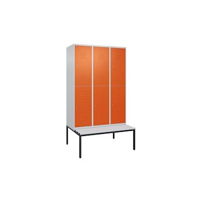 C+P Spind Classic PLUS, Kunststoff untergebaute Sitzbank, 6 Abteile, HxBxT 212x120x82cm, Zylinderschloss, Hellgrau/Reinorange von PROREGAL Image