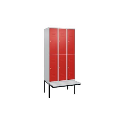 C+P Spind Classic PLUS, Kunststoff schwebende Sitzbank, 6 Abteile, HxBxT 212x90x82cm, Zylinderschloss, Hellgrau/Rot von PROREGAL Image