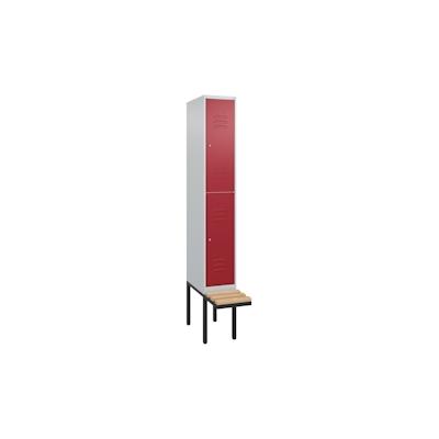 C+P Spind Classic PLUS, Buche schwebende Sitzbank, 2 Abteile, HxBxT 212x30x82cm, Zylinderschloss, Hellgrau/Rubinrot von PROREGAL Image