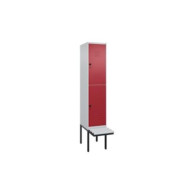 C+P Spind Classic PLUS, Kunststoff schwebende Sitzbank, 2 Abteile, HxBxT 212x40x82cm, Sicherheitsdrehriegel, Hellgrau/Rubinrot von PROREGAL Image