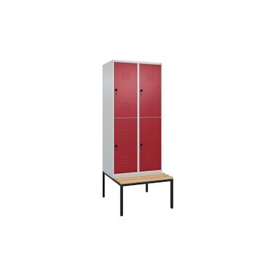 C+P Spind Classic PLUS, Buche untergebaute Sitzbank-Harthol, 4 Abteile, HxBxT 212x80x82cm, Sicherheitsdrehriegel, Hellgrau/Rubinrot von PROREGAL Image