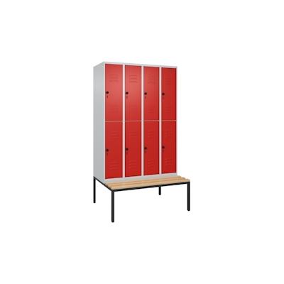 C+P Spind Classic PLUS, Buche untergebaute Sitzbank-Harthol, 8 Abteile, HxBxT 212x120x82cm, Sicherheitsdrehriegel, Hellgrau/Rot von PROREGAL Image