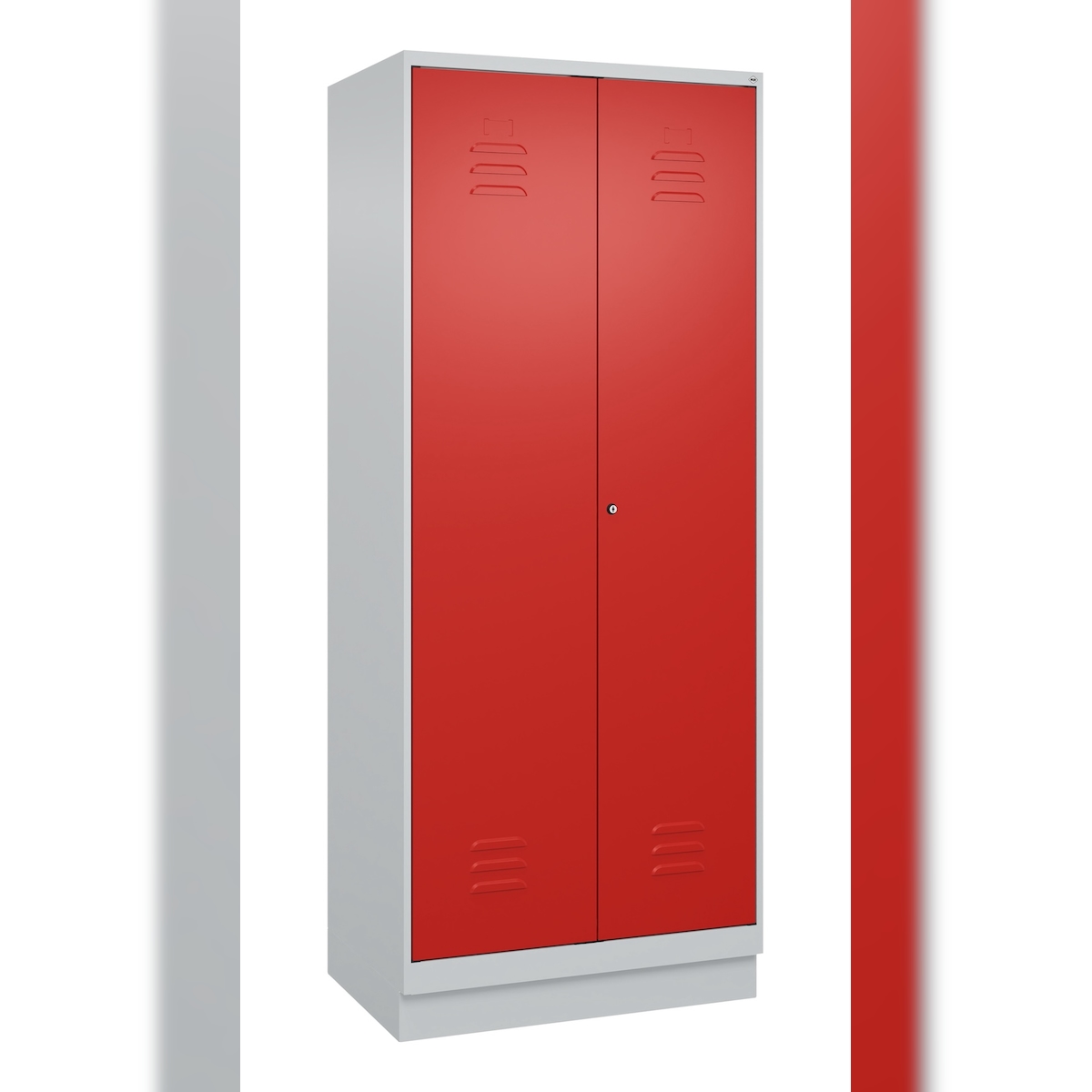 C+P Aufbewahrungs Doppel-Spind Classic PLUS, Sockel, 2 Abteile je 4 Fachböden, HxBxT 195x80x50cm, Zylinderschloss, Hellgrau/Rot von PROREGAL Image