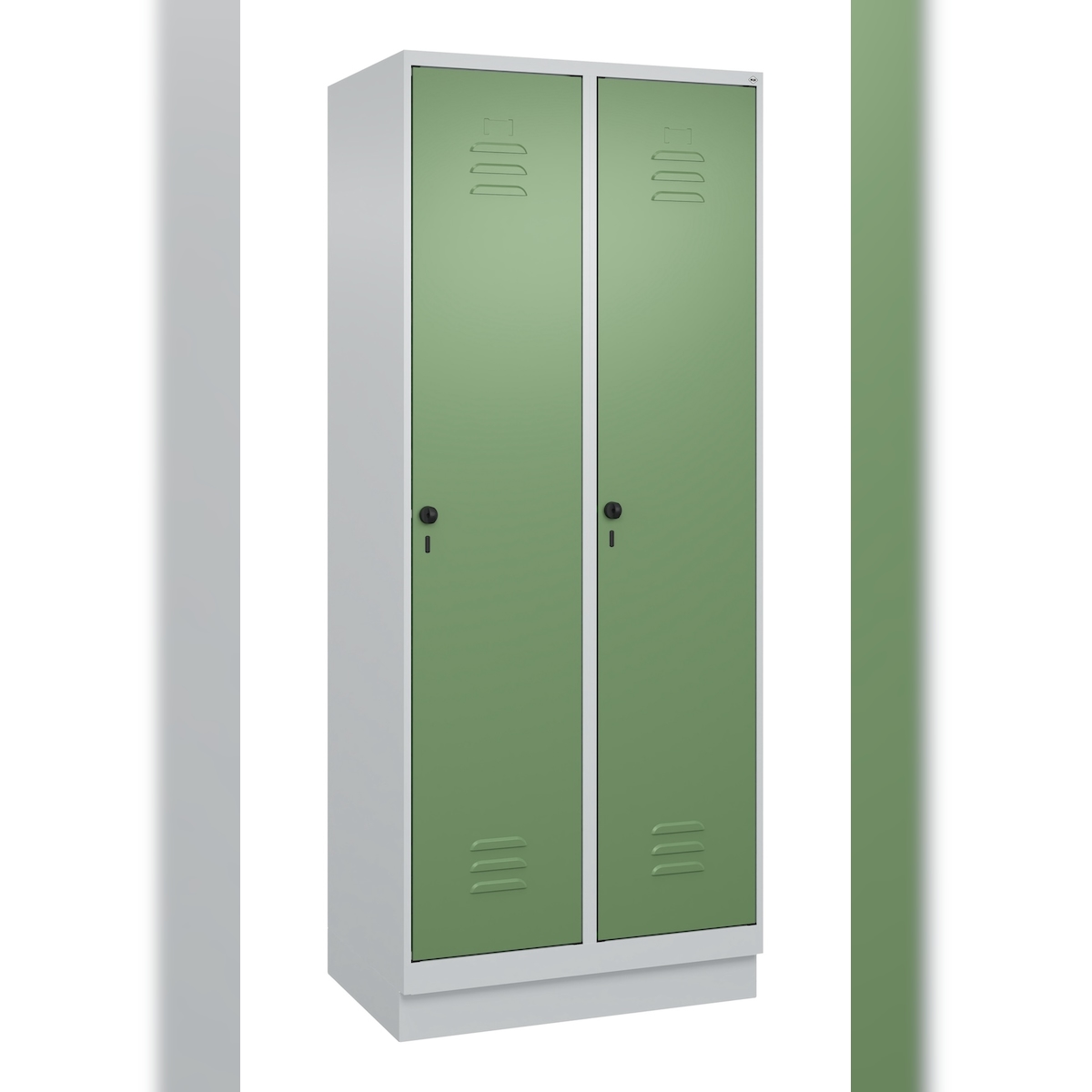 C+P Aufbewahrungsspind Classic PLUS, Sockel, 2 Abteile je 4 Fachböden, HxBxT 195x80x50cm, Sicherheitsdrehriegel, Hellgrau/Resedagrün von PROREGAL Image