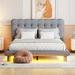 Queen Size Velvet Platform Bed w/ LED Frame, Thick & Soft Fabric and Button-tufted Design Headboard Upholstered Bed Frame, Gray