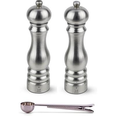 Peugeot Paris Chef u'Select Stainless Steel Salt & Pepper Mill Gift Set - With Stainless Steel Spice Scoop/Bag Clip (9 Inch)