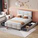 Full Size Linen Upholstered Platform Bed with LED Frame and 4 Drawers