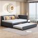 Full Size Upholstered Daybed with Trundle, Solid Wood Sofa Bed Frame with Comfortable Linen Backrest for Bedroom, Guest Room
