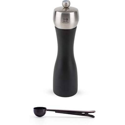 Peugeot Fidji 8.25 Inch Salt Mill Gift Set, Black Matte - With Stainless Steel Spice Scoop & Clip