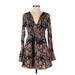 Tularosa Casual Dress - A-Line Plunge Long sleeves: Brown Print Dresses - Women's Size X-Small