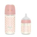 Suavinex, 2 Babyflaschen aus Glas: 120 ml Langsamer Nahrungsfluss (S) + 240 ml Mittlerer Nahrungsfluss (M), mit physiologischem Sauger SX Pro aus Silikon, mit Anti-Colic-Ventil, für Babys +0 M, Rosa