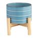 Sagebrook Home Ceramic Planter on Wooden Base Contemporary Coastal Sky Blue and White Striped Design Indoor or Outdoor