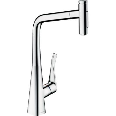 Küchenarmatur HANSGROHE "Metris Select M73", silber (chrom), H:445cm T:26,4cm, Armaturen, 320 Ausziehbrause 2 Strahlarte