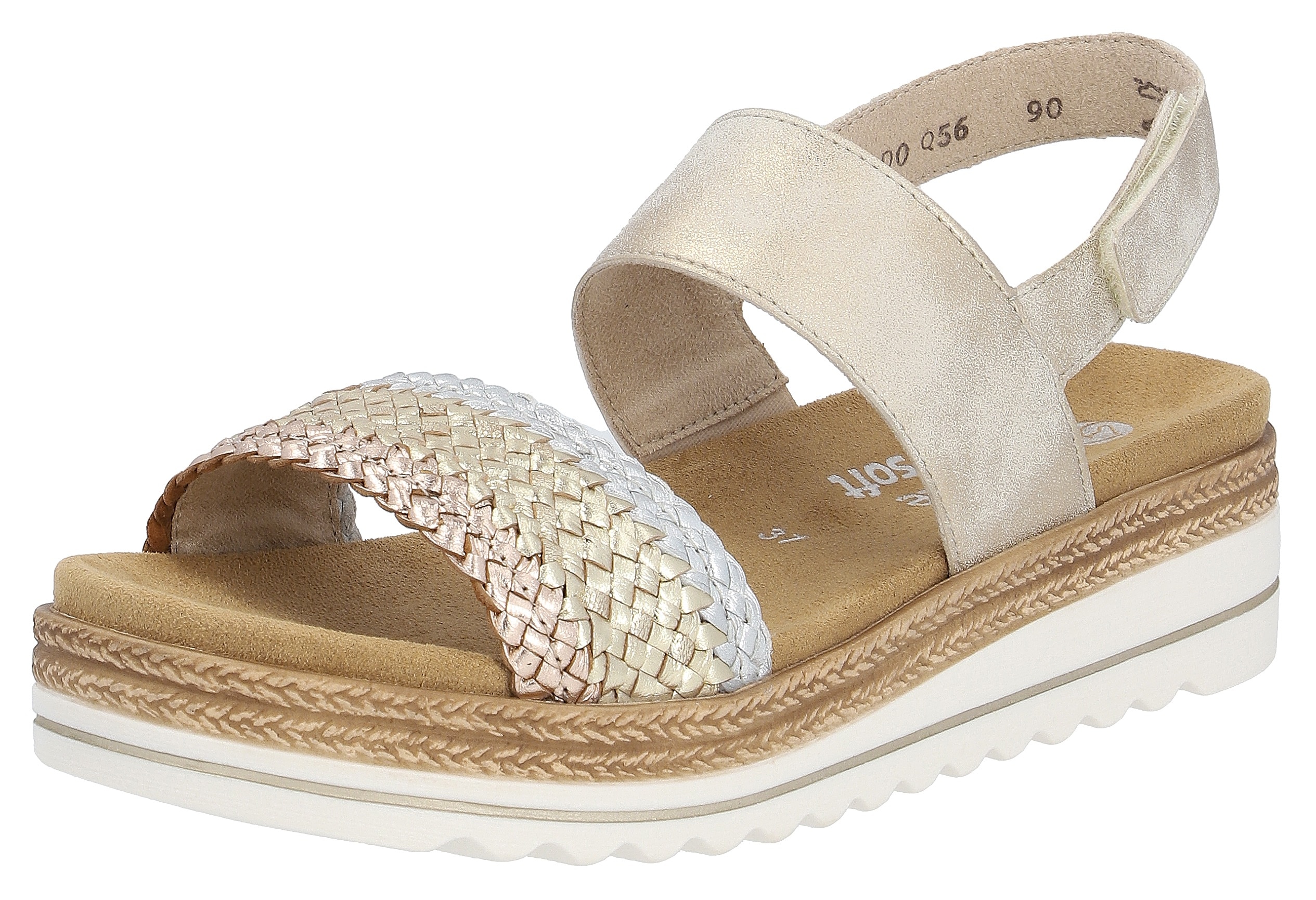 Keilsandalette REMONTE "ELLE-Collection", Damen, Gr. 41, beige (goldfarben, beige), Leder, Lederimitat, Flechtoptik, Schuhe, Sommerschuh, Sandale, Keilabsatz, mit Flechtbandage im Metalliclook