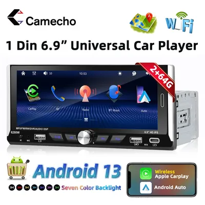 Camecho-Autoradio Carplay Android Auto 1 DIN Écran IPS 6.9 "2.5D Android 13 Lecteur de