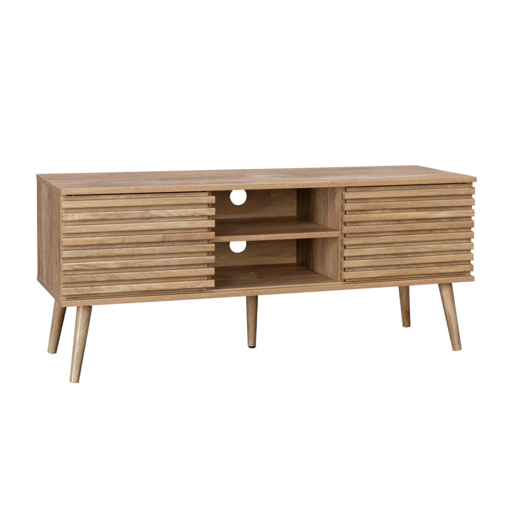 Meuble tv scandinave 2 portes décor bois rainuré