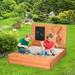 Ktaxon Wooden Sandbox with Blackboard Sand Wall Sand Boxes with Bench Lid for Kids Outdoor Backyard
