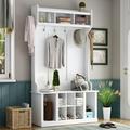 UBesGoo Industrial Hall Tree with Coat Rack Stand Wooden Entryway Bench with Shoe Cabinet Organizer 6 Hooks & 8 Storage Cubbies in Hallway Living Room Bedroom Office White