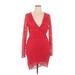 Bebe Cocktail Dress - Mini V-Neck Long sleeves: Red Print Dresses - Women's Size X-Large