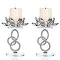 OwnMy Set of 2 Crystal Lotus Flower Candlestick Holders Metal Glass Lotus Pillar Candle Holders, Silver Crystal Lotus Votive Candlesticks Tealight Candle Stands for Wedding Table Centerpiece, 6.1" H