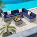 7 Pieces Outdoor Patio Furniture Set, Grey PE Wicker Rattan w/Built-in Glass Table, Seat Clips, Navy Blue Cushions