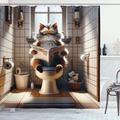 East Urban Home Funny Shower Curtain Cat on Toilet Reading Paper in Pale Cinnamon & Coconut Polyester | 70 H x 69 W in | Wayfair