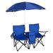 Double Folding Chair Portable Camping Chair with Removable Umbrella Table Cooler Bag Carrying Bag Fold Up Steel Construction Seat for Patio Beach Lawn Picnic Fishing Picnic Garden Blue W10667