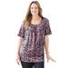 Plus Size Women's Jeweled Neck Pintuck Top by Catherines in Pink Burst Watercolor Plaid (Size 3X)