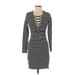 Express Casual Dress - Bodycon Plunge 3/4 sleeves: Black Stripes Dresses - Women's Size Small