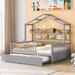 Full Size House Bed with Twin Size Trundle, Kids Platform Frame Storage Shelves/Fence/Roof, Tent Size, Wooden Playhouse
