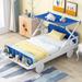 Twin Size Car-Shaped Bed with Ceiling Cloth, Wood Bed Frame with Headboard & Footboard, for Kids Teens Boys & Girls, White+Blue