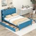 Full Size Platform Bed with 4 Drawers and Storage Shelves, Solid Wood Bed Frame with Headboard and Footboard, Blue