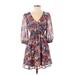 GB Casual Dress - A-Line V Neck 3/4 sleeves: Purple Print Dresses - Women's Size Small