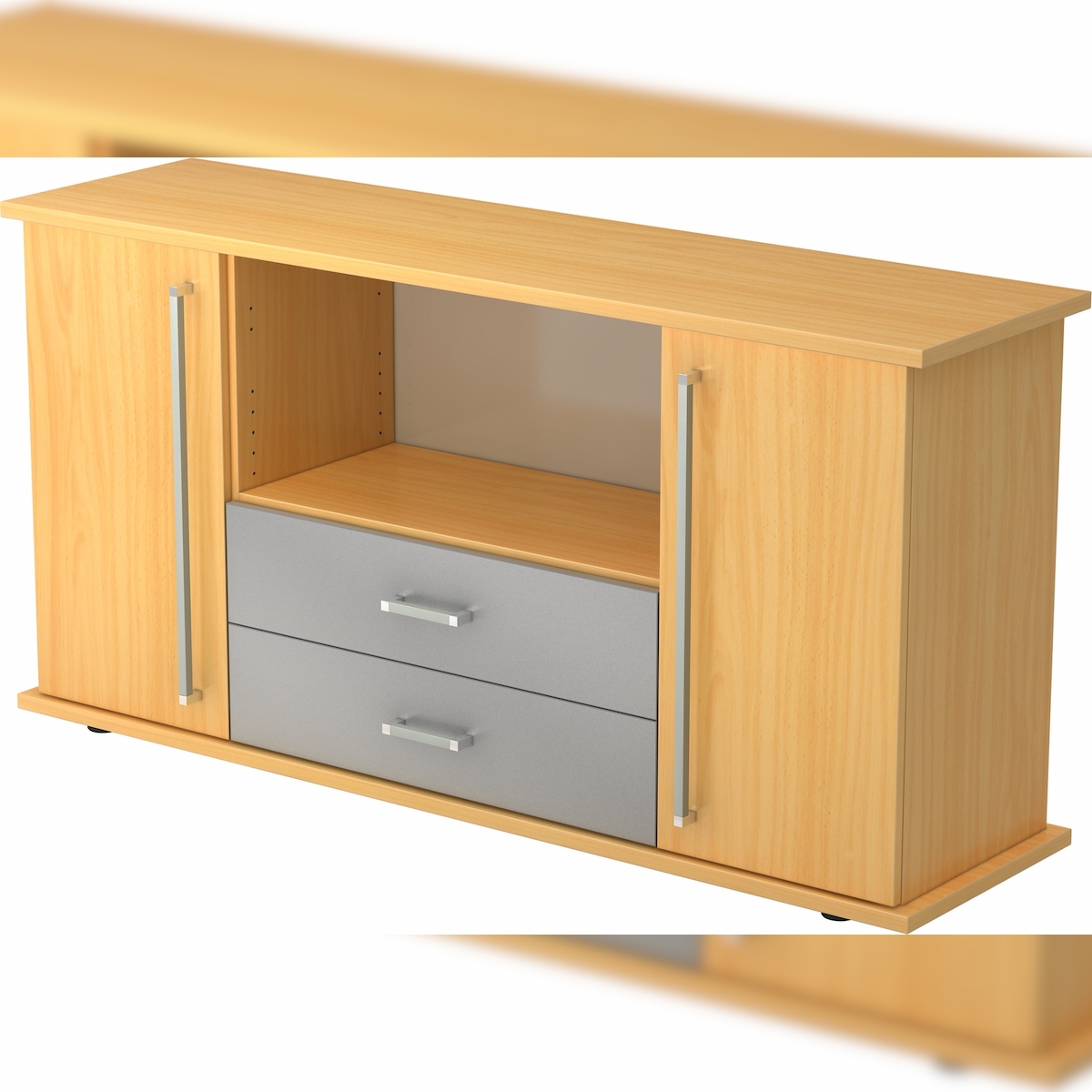 bümö Sideboard Buche mit Flügeltüren & Regal - Büromöbel Sideboard mit Schubladen Holz 166cm breit, 45cm schmal, Büro Schrank für Flur oder als Image