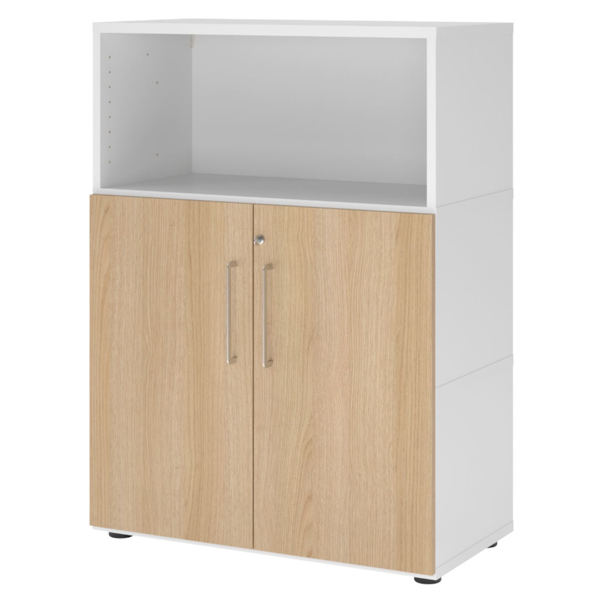 bümö flexi Aktenschrank abschließbar mit Flügeltüren & 1 Regalfach in Weiß/Eiche, Büroschrank mit werkzeuglosem Schnellmontage-Klicksysten in Image