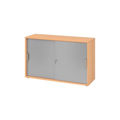 bümö Schiebetürenschrank 2OH - Aktenschrank abschließbar, Sideboard Schrank mit Schiebetüren in Buche/Silber, Streifengriff - Büroschrank aus Holz Image