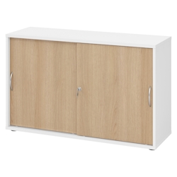 bümö Schiebetürenschrank 2OH - Aktenschrank abschließbar, Sideboard Schrank mit Schiebetüren in Weiß/Eiche, Bogengriff - Büroschrank aus Holz mit Image